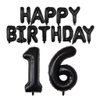 Happy Birthday Balloon Banner 40 inch 16 Balloon Number 16 Inch Happy Birthday Letters Balloons Black Foil Mylar Balloons for 16th Birthday Decorations Party Supplies
