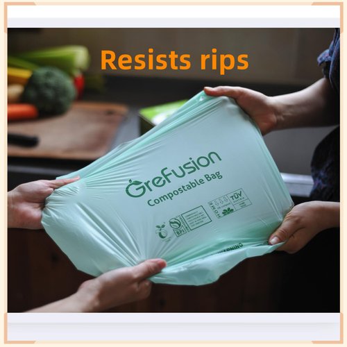 GreFusion Compostable Trash Bags with handle-tie,Garbage Bags, 2.6 Gallon,Food Waste Bags,Small trash bags for compost bin kitchen,Certified by BPI and OK Compost (2.6G-50count)