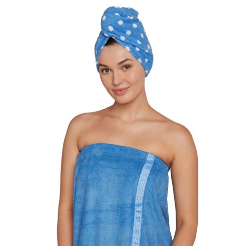 Turbie Twist Cotton Hair Towel Wrap & Microfiber Bath Wrap for Beauty, Travel, Gifting - Luxurious Towel Set for Personal Care - For All Hair Types & Lengths - Blue Polka Dots