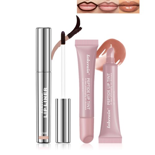 Peel Off Lip Liner Stain & Lip Gloss Set,Long Lasting Waterproof Nude Lip Stain Peel off Tattoo Lip Liner&Tinted Rose Lipstick Combo Non-Stick Cup Transfer Proof Lip Stain Color for Women Makeup,Set B