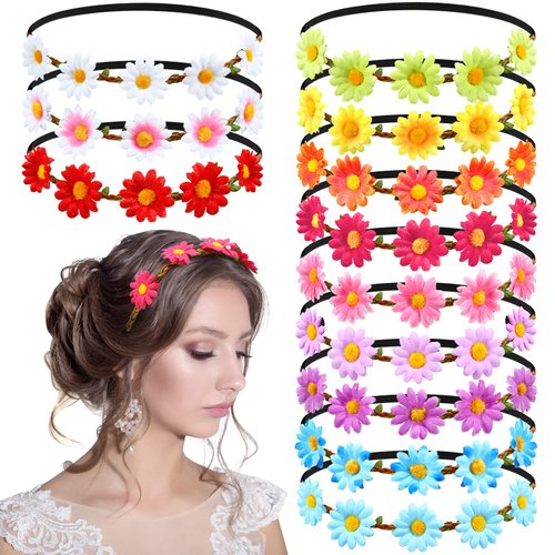 Chunyin 24 Pieces Multicolor Flower Headbands for Women Floral Flower Crown Hippie with Adjustable Elastic Flower Hair Band Hair Accessories for Festival Wedding Party(Vivid)