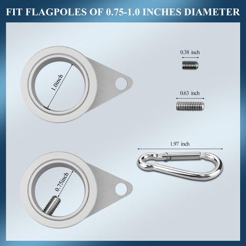 BonyTek 2 Pack Aluminum Alloy Flag Pole Rings, 360 Degree Rotating Flagpole Flag Mounting Rings Spinning Flag Pole Kit with Carabiner for 0.75-1.00 Inch Diameter Flagpole (Φ 1 inch, Silver)