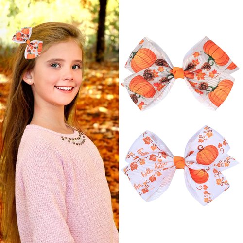 WRBAJIS Fall Bow Hair Clips Pumpkin Maple Leaf Hair Barrettes Thanksgiving Hair Clips for Women Girls Hair Accessories Fall Harvest Thanksgiving Party Supplies Orange White 2Pcs