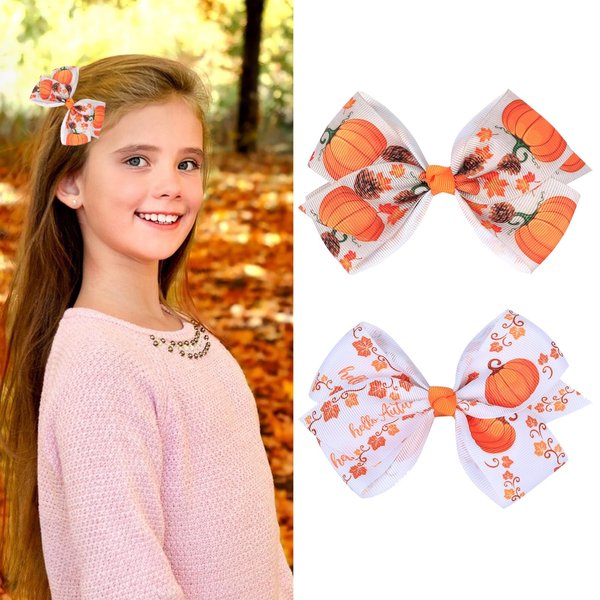 WRBAJIS Fall Bow Hair Clips Pumpkin Maple Leaf Hair Barrettes Thanksgiving Hair Clips for Women Girls Hair Accessories Fall Harvest Thanksgiving Party Supplies Orange White 2Pcs