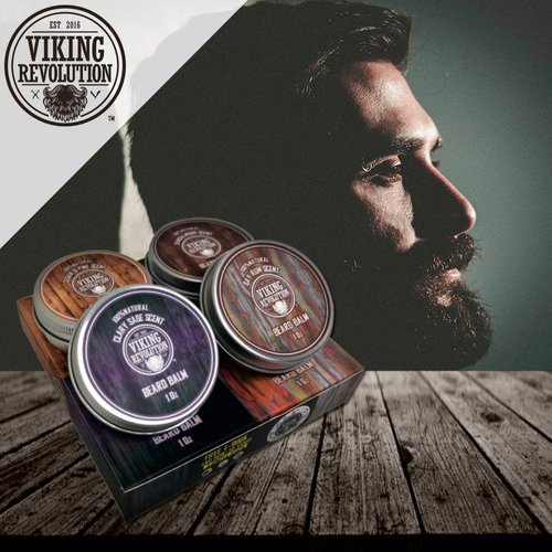 Viking Revolution 4 Beard Balm Variety Pack (1oz Each)- Sandalwood, Pine & Cedar, Bay Rum, Clary Sage- Styles, Strengthens & Softens Beards & Mustaches - Leave in Conditioner Wax for Men