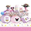 Party Tableware For Minnie Mouse,16 pcs Paper Plates (8pcs 9 inch and 8pcs 7inch)-20 Napkin and Table Cloth 86” x 52”,Girl Minnie Birthday Party Decorate Supplies