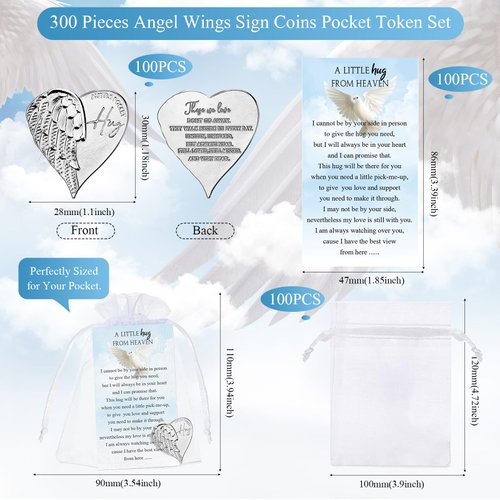 Inbagi 100 Sets Memorial Angel Sign Coins Set Funeral Pocket Token Lucky Pocket Angel Coins Heart Hug Token Poem Cards Organza Gift Bags Celebration of Life Favors Angel Charms Presents for Family
