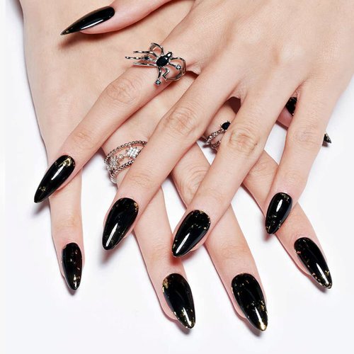 GLAMERMAID Black Press on Nails Medium Almond- Handmade Jelly Gel Gold Foil Flakes Short Pointed Fake Nails, Glossy Gel Metal Stiletto Stick Glue on Nails, Reusable Acrylic False Nail Kits for Women