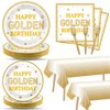 Justforjoyful 98PCS Happy Golden Birthday Party Supplies White Gold Birthday Paper Plates Napkins Tablecloths Golden Dinnerware Table Cover for Women Men Birthday Party Decorations for 24 Guests