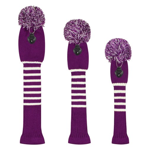 Scott Edward Stripes Style Knitted Golf Club Head Covers Set of 3, fit for Driver Wood(460cc), Fairway Wood, Hybrid(UT), for Men/Women Golfers, Individualized Looking and Washable (Purple)