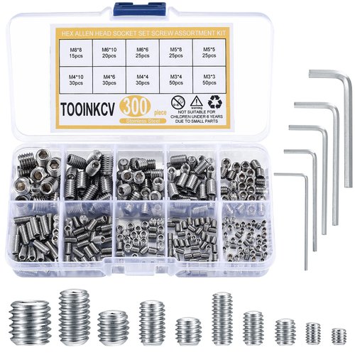 TOOINKCV 300 Pcs Stainless Steel Socket Head Screws Assortment Kit, Allen Head Socket Hex Head Screws, Metric M3 M4 M5 M6 M8 Grub Screws Set for Door Handles, Light Fixture