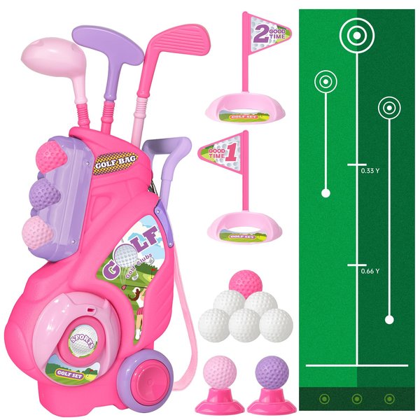 Popsunny Toddler Golf Set for 2 3 4 5 Years Old, Kids Golf Clubs Set with Golf Cart & Putting Mat, Outdoor Indoor Sports Toys Birthday for Girls Boys, Pink