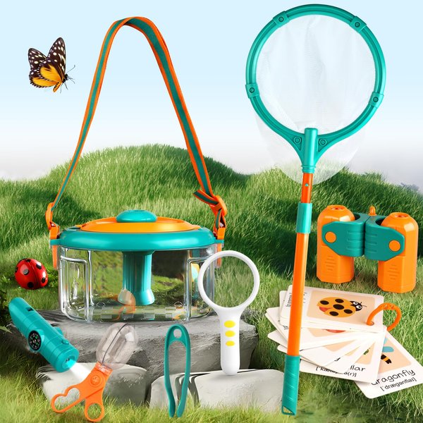 PUPU PIG Bug Catcher for Kids Outdoors Toys, Bug Catching Kit with Butterfly Net, Critter Keeper, Magnifying Glass, Bug Catchers, Tweezers & Learning Cards, Kids Explorer Camping Kit Child Gifts