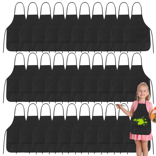 PLULON 30 Pcs Kids Apron Painting Aprons for Kids, Kids Aprons for Painting Black Aprons Art Apron Smocks Bulk for Art Painting Activity Craft Home Kitchen Classroom Party Supplies