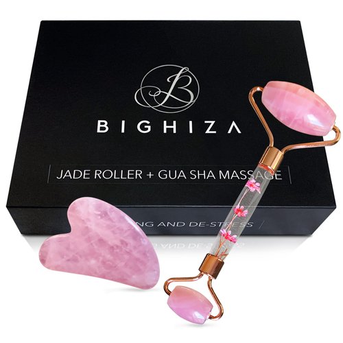 Bighiza Jade Roller and Gua Sha Face Roller Tool Set, Rose Quartz Roller with Real Flower Handle, Anti Aging, Noiseless, Relax Relieve Fine Lines and Wrinkles for Face, Eyes, Neck, Muscle Relaxing