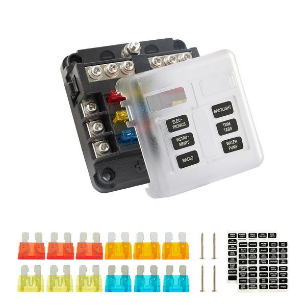 SOYOND 12 Volt Fuse Block, 6 Way Marine Fuse Block with Led Indicator Damp-Proof Cover 6 Circuits Fuse Box with Negative Bus Fuse Panel for Car Boat RV Truck Dc 12/24v