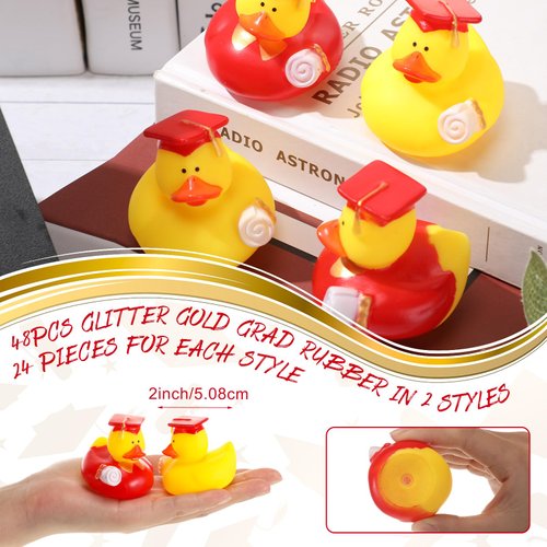 Gemscream 48 Pcs Mini Graduation Rubber Ducks with Graduation Tassel Cap and Certificate Gold Yellow Grad Duck for Pool Float Party Favors Decor Classroom Reward Prize Gifts, 2 Inch, 2 Style (Red)