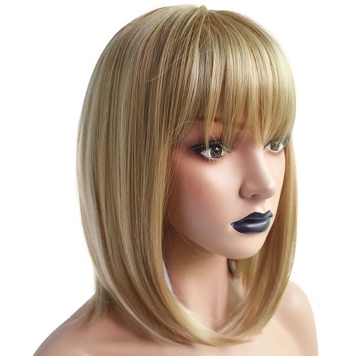 Anogol Hair Cap+Ombre Blonde Wig Women Blonde Bob Wig with Bangs Synthetic Hair Fringe Bob Wigs Short Natural Straight Wig For Halloween Cosplay Party Costume