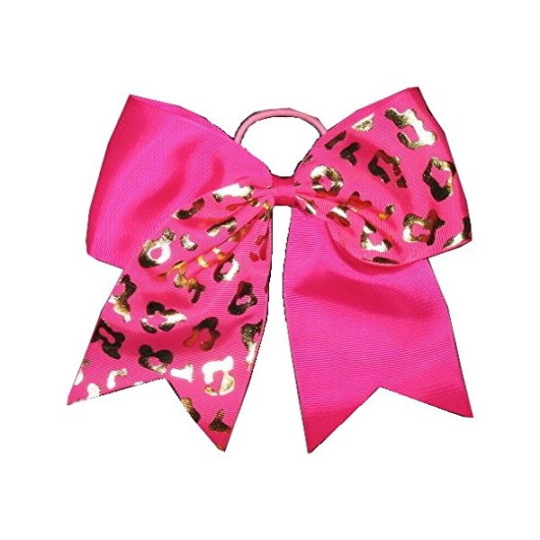 NEW "GOLD CHEETAH Hot Pink" Tick Tock Cheer Bow Pony Tail 7 Inch Girls Cheerleading Dance Practice Football Games Competition Grosgrain Ribbon Elastic