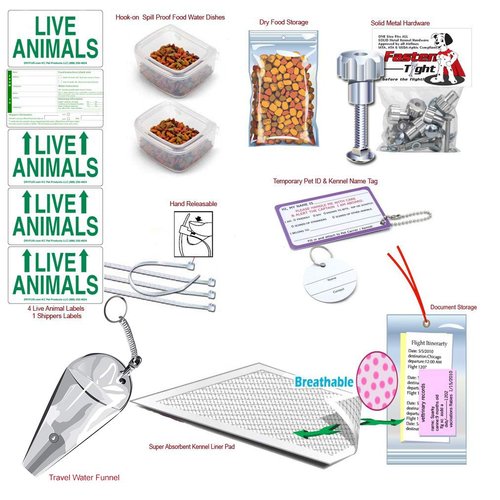 Complete - SM Deluxe Pet Airline Travel Kit- Includes Pad, Dishes, Live Animal Labels, Water Funnel, Metal Nut Bolts, Name tag, Travel Document Holder