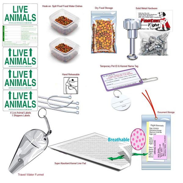 Complete - SM Deluxe Pet Airline Travel Kit- Includes Pad, Dishes, Live Animal Labels, Water Funnel, Metal Nut Bolts, Name tag, Travel Document Holder