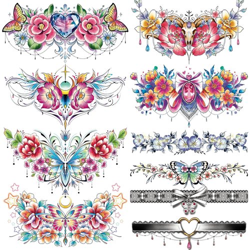 Cerlaza 20 Sheets Chest Underboob Temporary Tattoos for Adult Women, Sexy Flower Fake Tattoos Stickers, Long Lasting Realistic Floral Tattoo for Body Art Decorations