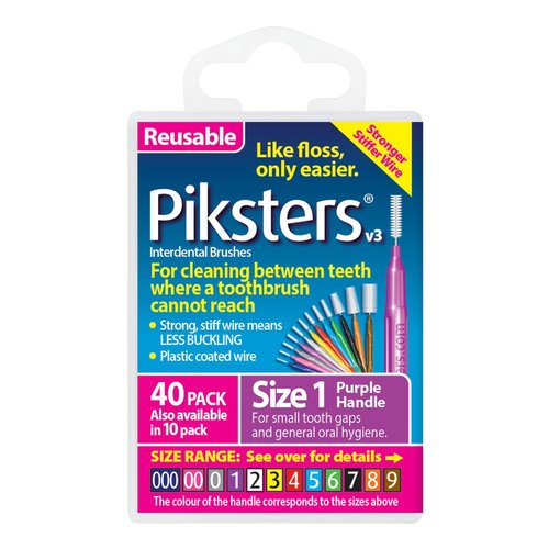 Piksters Interdental Brushes (40 Pack, Size 1 (Purple))