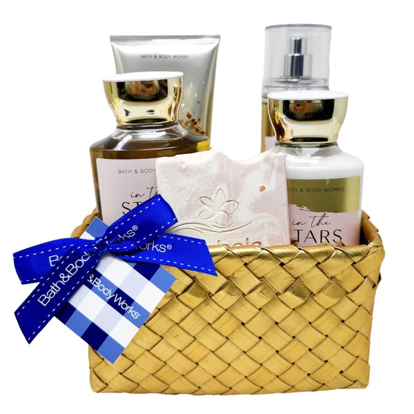 Bath & Body Works In The stars - Gold Woven Basket 4 Piece Gift Set - Fine Fragrance Mist, Body Cream, Shower Gel and Body Lotion With a Himalayan Salts Springs Sample Soap.