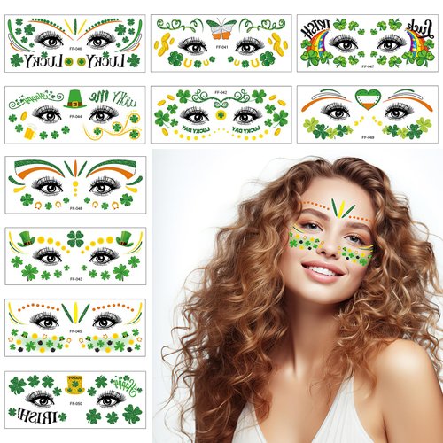 AUOCATTAIL 10 sheets St. Patrick's Day Face Eye Tattoos Stickers Glitter Shamrock Hat Waterproof Temporary Tattoos Stickers for St. Patrick's Day Irish Party Kids Adults Make Up Accessory