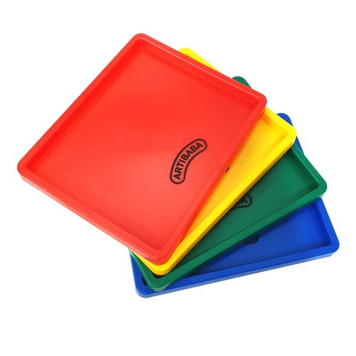 ARTIBABA Plastic Tray Set of 4 for Class Material Organizer Art Class Painting Clay Waterbeads Spangles Buttons Papers Scissors Kids Activity Material Easy Clean Plastic Paint Palette DIY