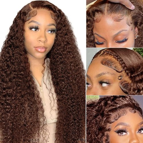 LZGYE 24 Inch Chocolate Brown Deep Wave Lace Front Wigs Human Hair #4 Colored Lace Frontal Wig for Women 13X4 HD Lace Dark Brown Curly Wig Human Hair Pre Plucked with Baby Hair 150% Density