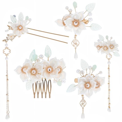 Yuanchu 5 Pcs Camellia Flower Tassels Hairpin, Flower Pearl Hair Clips Headpiece Flower Hair Pins Hair Charms Hair Accessories for Women Wedding Bridal Flower Girls