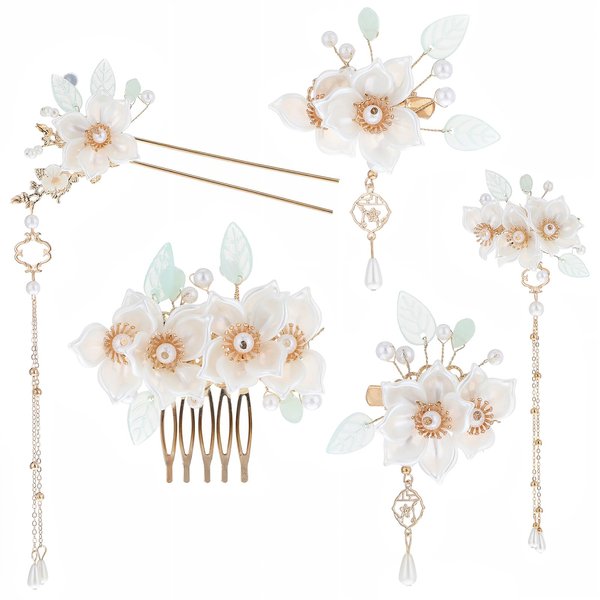 Yuanchu 5 Pcs Camellia Flower Tassels Hairpin, Flower Pearl Hair Clips Headpiece Flower Hair Pins Hair Charms Hair Accessories for Women Wedding Bridal Flower Girls