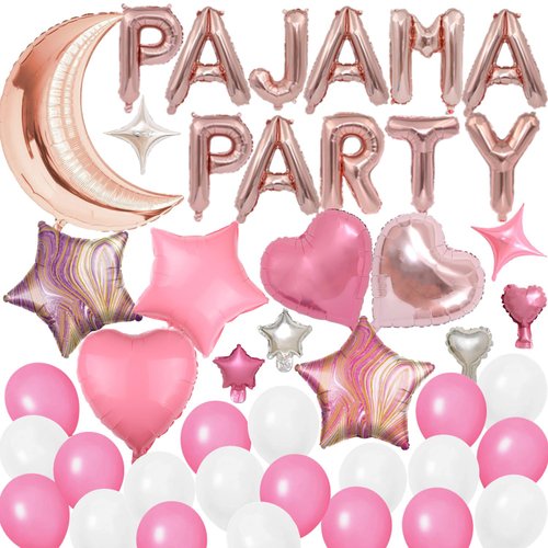 44 Pieces PAJAMA PARTY Balloons Rose Gold Moon Star Heart Aluminum Foil Balloons Pink Latex Balloons for Girls Women Slumber Party Sleepover Birthday Party Spa Party Decoration (Rose gold)