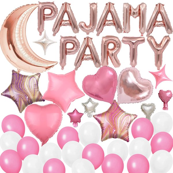 44 Pieces PAJAMA PARTY Balloons Rose Gold Moon Star Heart Aluminum Foil Balloons Pink Latex Balloons for Girls Women Slumber Party Sleepover Birthday Party Spa Party Decoration (Rose gold)