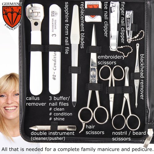 3 Swords Germany - Brand Quality 23 Piece Manicure Pedicure Grooming kit Set for Professional Finger & Toe Nail Care Tweezers File Clipper Fashion Leather case in Gift Box, Made by 3 Swords (0293)