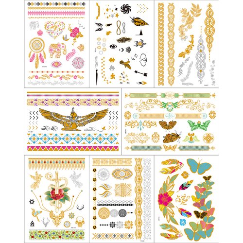 Aresvns Metallic Temporary Tattoo 50+,8 Sheets Gold Silver Fake Tattoos for Women Teen Girls,Flash Jewelry Tattoos,Gold Boho Tattoos Waterproof and long lasting