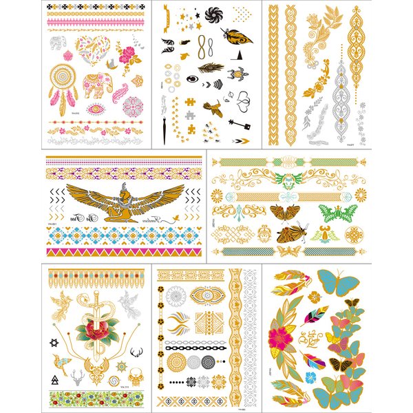 Aresvns Metallic Temporary Tattoo 50+,8 Sheets Gold Silver Fake Tattoos for Women Teen Girls,Flash Jewelry Tattoos,Gold Boho Tattoos Waterproof and long lasting