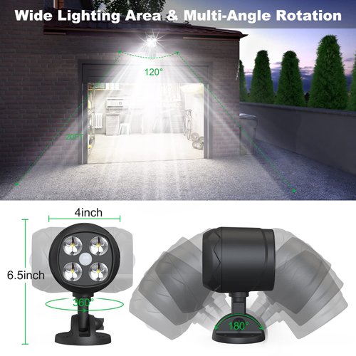 Woenergy Motion Sensor Outdoor Lights Battery Powered, Waterproof Battery Operated Outdoor Lights, 6000K LED Spotlight Outdoor, 8W 600 LM Security Lights for Outside Garage and Yard (2 Packs)