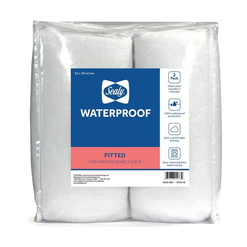 Sealy Baby 2-PACK Fitted Toddler Bed and Baby Crib Mattress Pad Cover Protector, Waterproof Crib Mattress Protector, Noiseless, Machine Washable and Dryer Friendly, 52" x 28" - White