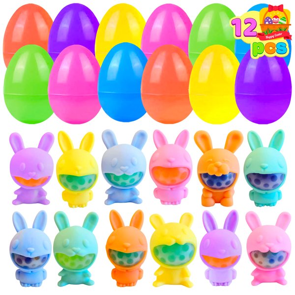 12 Pack Prefilled Easter Eggs with Rabbit Bubbles Squeeze Toys Anti-Anxiety Stress Relief Toys for Easter Basket Stuffers Egg Fillers Party Favors