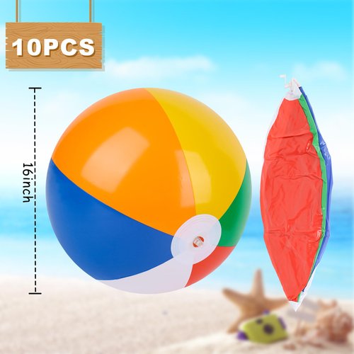 POPLAY 10PCS Rainbow Beach Balls, 16" Inflatable Beach Balls Pool Balls for Kids Birthday Party Supplies Pool Party Decorations