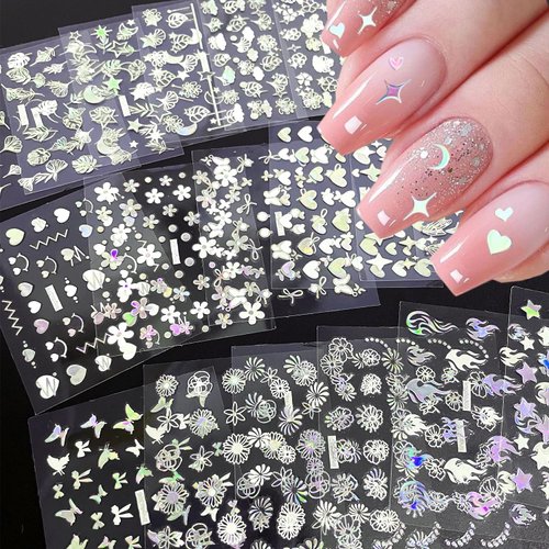 30 Sheets Holographic Nail Stickers for Nail Art 3D Self-Adhesive Glitter Star Nail Design Sticke...