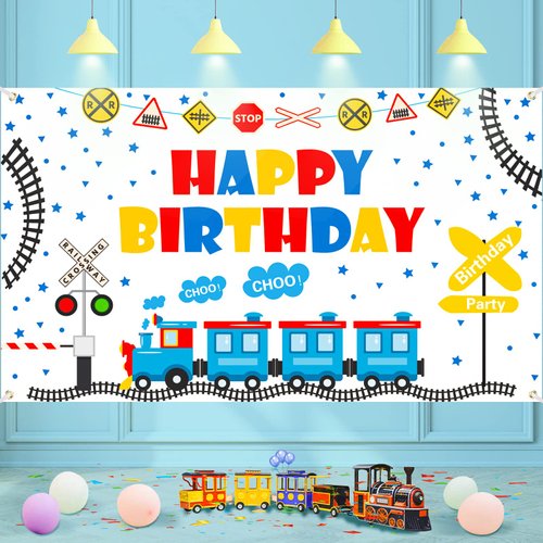 Train Theme Happy Birthday Banner Train Party Decorations for Boy Girl Kid Train Birthday Party Supplies Railroad Train Crossing Themed Party Banner Background Decorations 71 x 44 Inch
