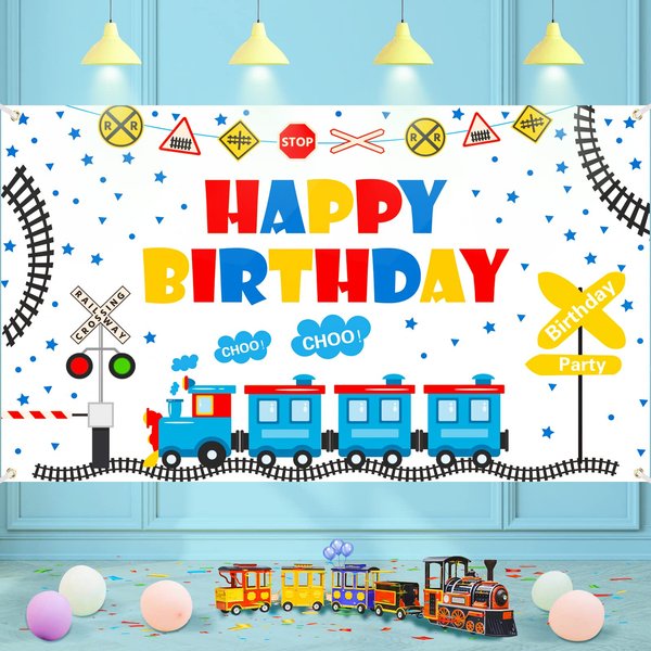 Train Theme Happy Birthday Banner Train Party Decorations for Boy Girl Kid Train Birthday Party Supplies Railroad Train Crossing Themed Party Banner Background Decorations 71 x 44 Inch