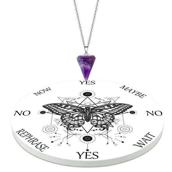 Butterfly Board Dowsing Divination Pendulum Witchcraft Altar Supplies with Crystal Necklace Metaphysical Message Witch Stuff Ceramic Pendulum Board Pendulum Crystal for Beginner