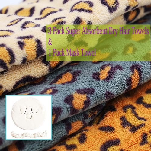 HRuiRed Hair Towel Wrap for Women - 3 Pack Super Absorbent Rapid Drying Hair Towel with 1 Pack Mask Towel, Magic Instant Dry Hair Cap Towel with Button, Hair Wrap Towels for Curly Hair Anti Frizz