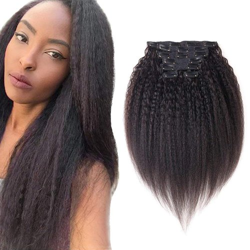 viviaBella Clip in Yaki Straight Human Hair Extensions 16 Inches 70g Net Brazilian Virgin Hair Natural Color Can Be Dyed Double Weft 7 Peices/set for Girls Beauty (70g 16", Natural Black)