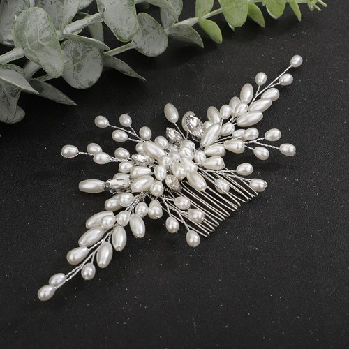 Teyglen Wedding Hair Comb Bridal Pearl Hair Comb with Rhinestone Vintage Pearl Headpieces Handmade Gold Silver Pearl Beads Crystal Hair Pieces Hair Accessories for Women Bride Girls (Silver)