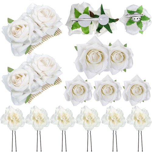 12 Pieces Rose Flower Hair Clip Rose Bridal Hair Pins Rose Brooch Wedding Hair Accessories for Women Girl Party Flamenco Dancer (White)